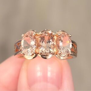 Vintage Filigree Morganite Three Stone Ring: 14K Rose Gold, Size 7.25